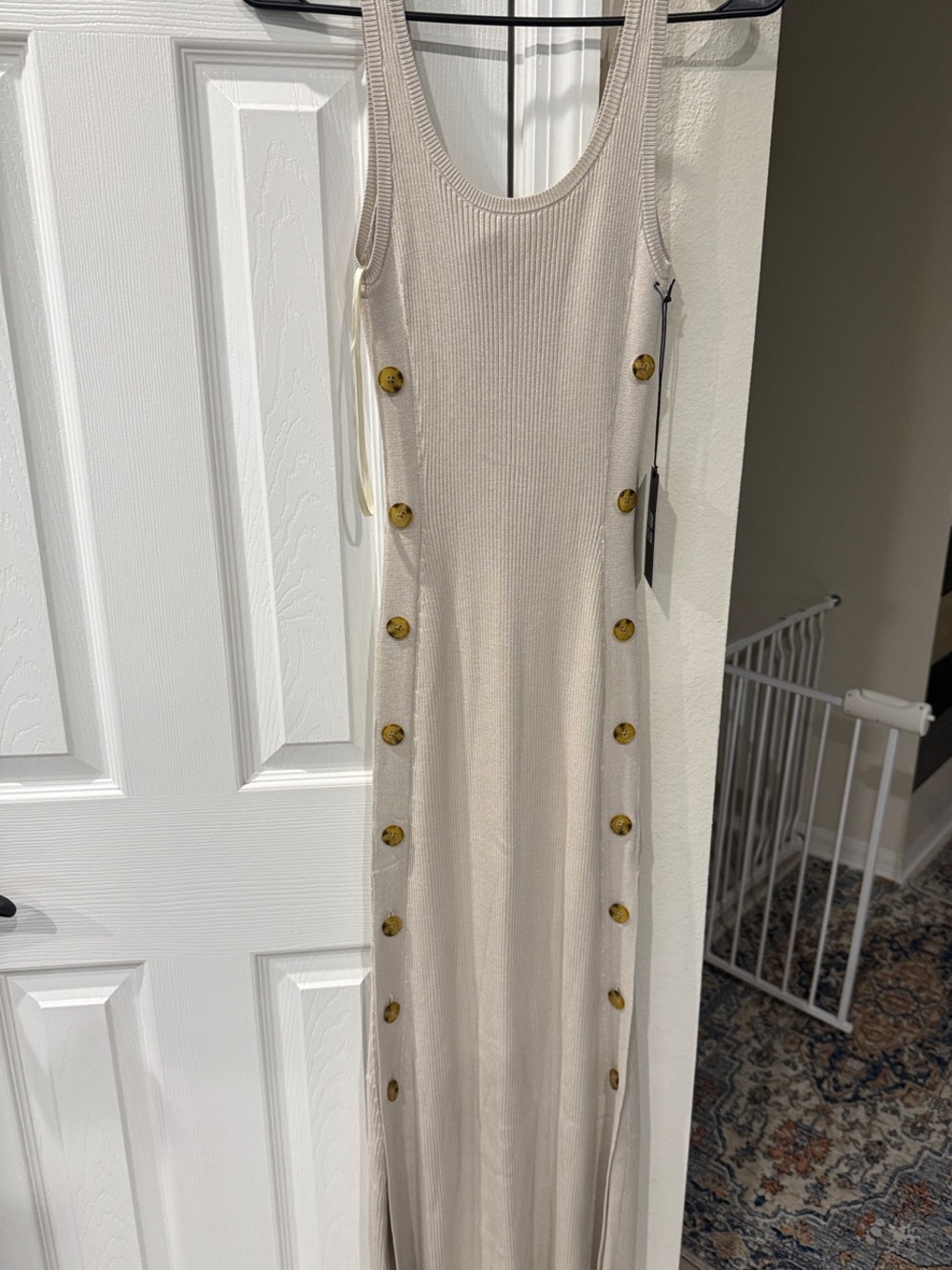 Abercrombie & Fitch Cream Ribbed Maxi Dress with Gold Buttons